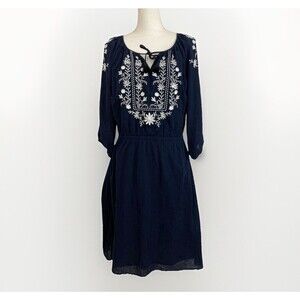 Talbots Dress Women M Blue Floral Embroidered Gauze A-Line Knee Length